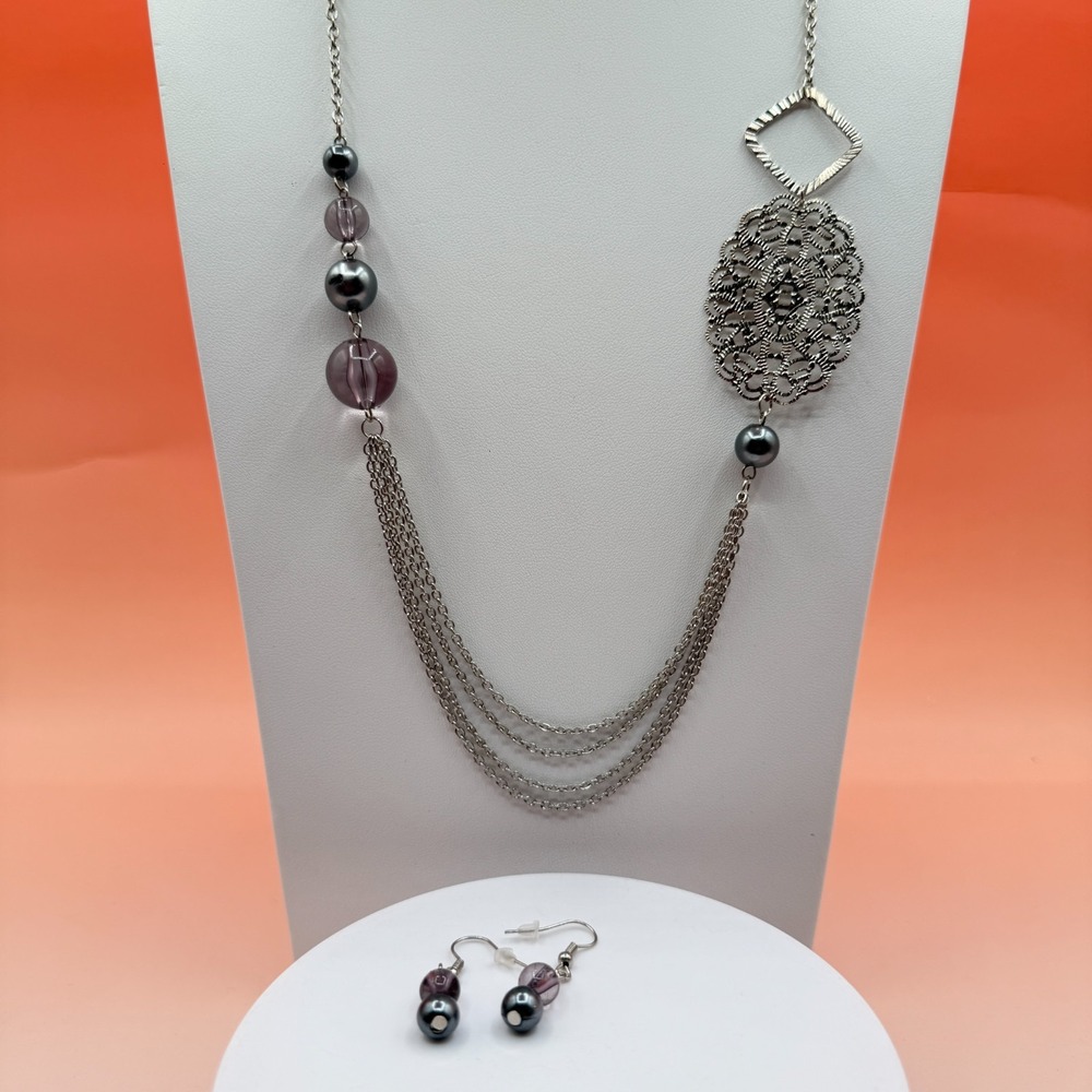 Silver Tone Filigree Necklace Earrings Set Gray Purple Beads Statement Jewelry